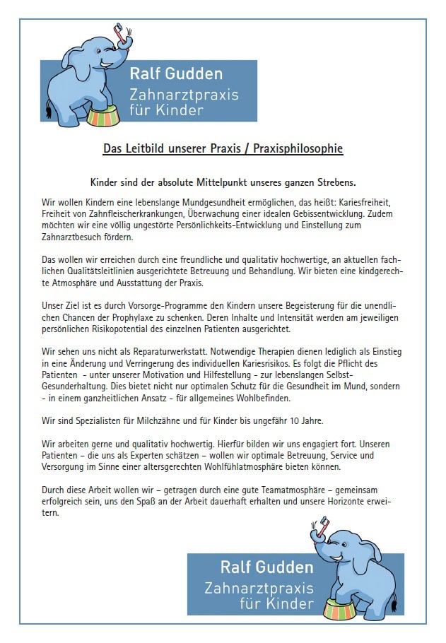 Vorschau des Praxisleitbilds der Kinderzahnarztpraxis Ralf Gudden: Unser Anspruch – keine Reparaturwerkstatt
